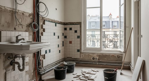 Une salle de bain moderne et lumineuse avec une double vasque et un grand miroir, illustrant un "aménagement salle de bain" fonctionnel et esthétique
