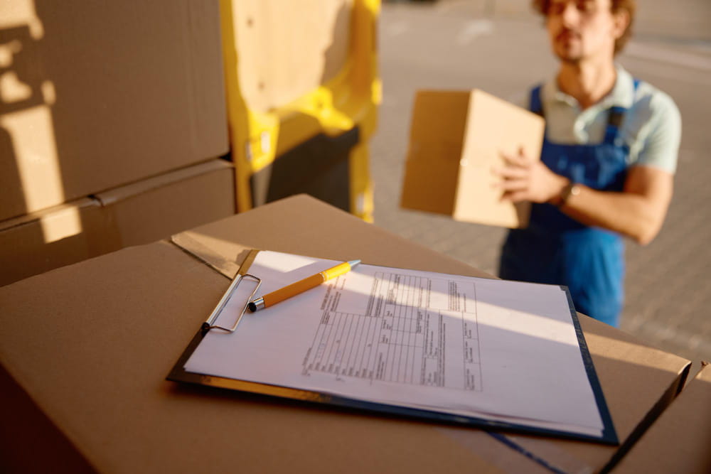 Un carton au premier plan avec un stylo posé sur un formulaire de devis déménagement, et un déménageur professionnel portant un colis en arrière-plan.
