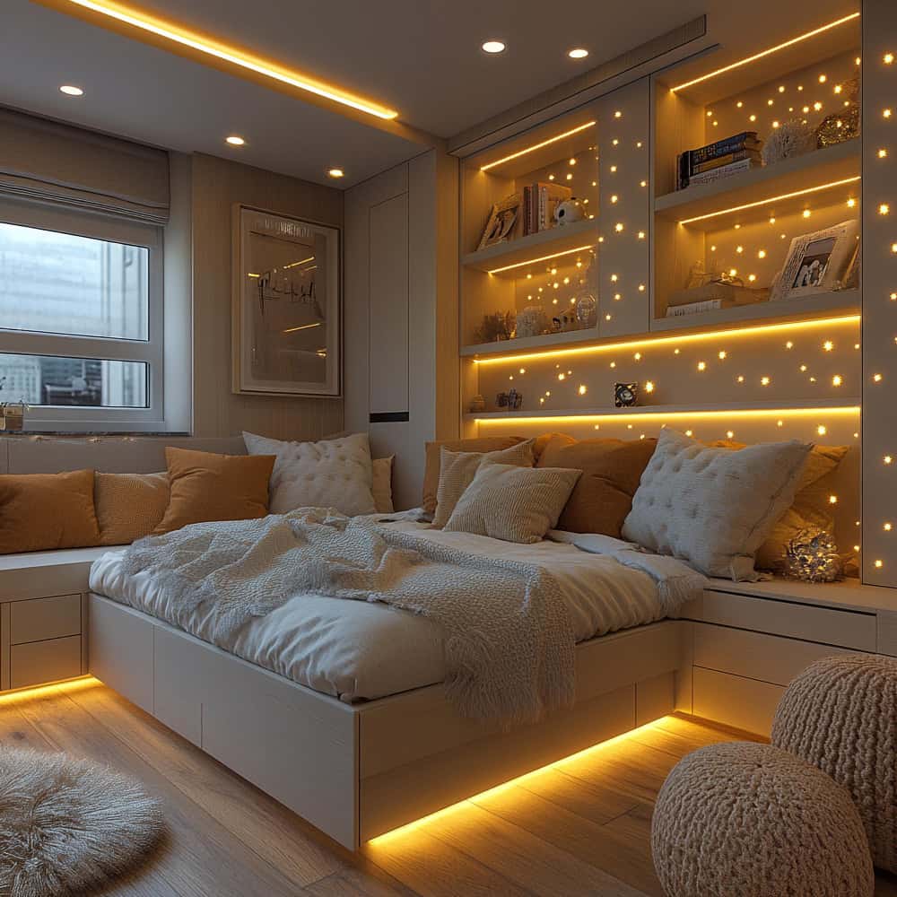 Une chambre moderne et cosy où l'éclairage et la luminosité des bandeaux LED jaunes, combinés aux lumières intégrées dans les étagères, créent une ambiance chaleureuse et invitante autour du grand lit.